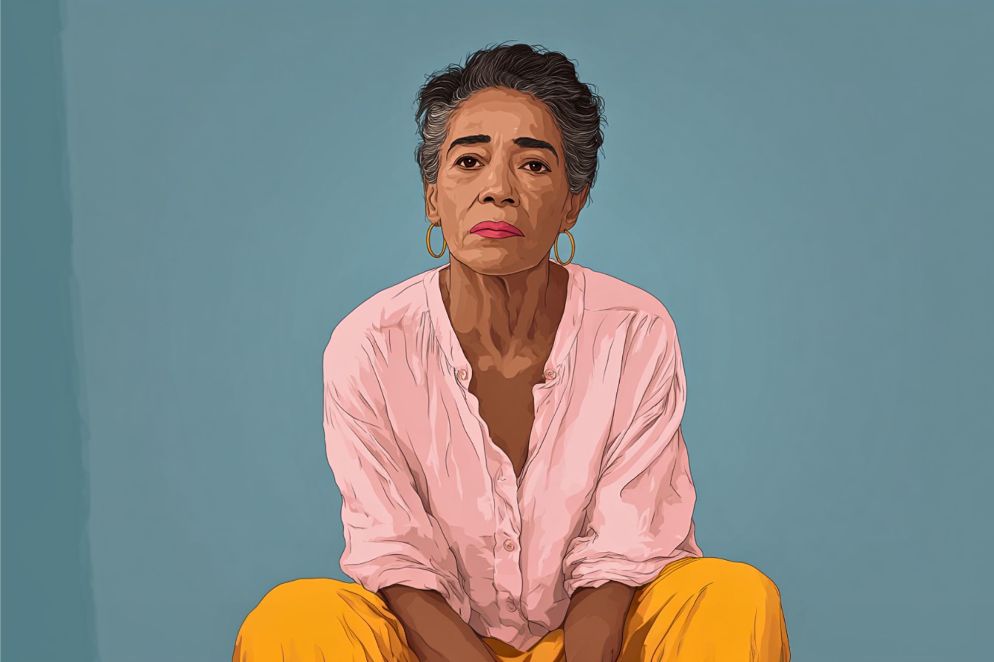 Illustration of an older woman with short gray hair, wearing a pink blouse and yellow pants, sitting and looking directly at the viewer against a plain blue background.