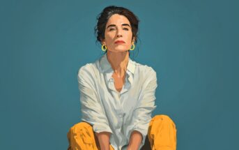 A digital illustration of a woman with dark hair in a loose bun, wearing a white shirt and yellow pants, sitting against a plain teal background and looking confidently at the viewer.