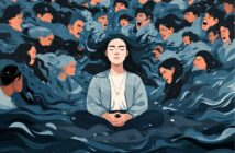 A person sits cross-legged with closed eyes, calm amid swirling, dark, ghostly faces and hands expressing distress and chaos around them, symbolizing inner peace amid external turmoil.