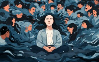 A person sits cross-legged with closed eyes, calm amid swirling, dark, ghostly faces and hands expressing distress and chaos around them, symbolizing inner peace amid external turmoil.