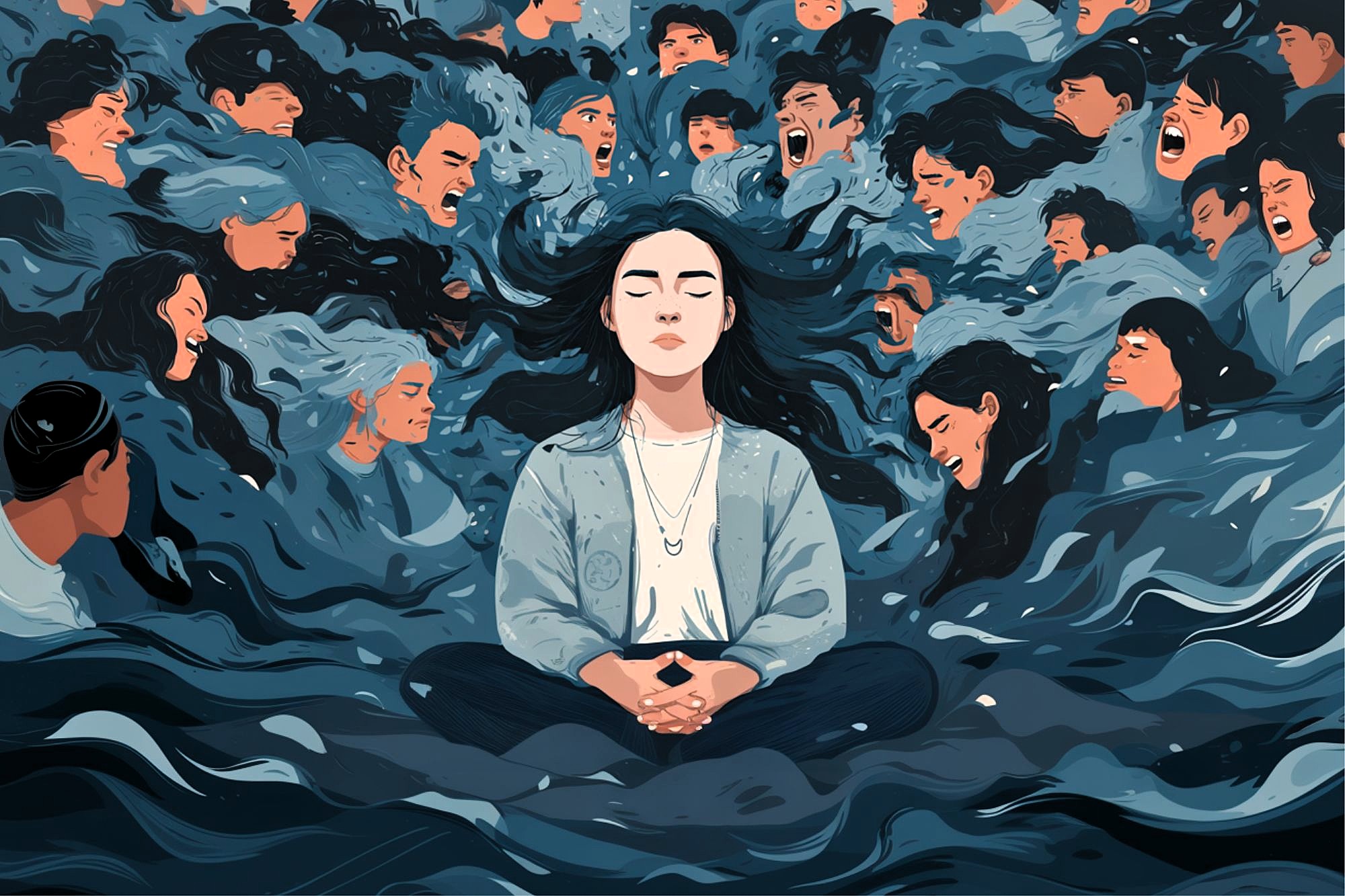 A person sits cross-legged with closed eyes, calm amid swirling, dark, ghostly faces and hands expressing distress and chaos around them, symbolizing inner peace amid external turmoil.