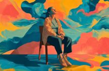 A woman sits on a chair, looking upward thoughtfully. She is surrounded by vibrant, swirling abstract colors of blue, yellow, and pink, creating a dreamy, imaginative background.