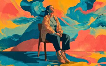 A woman sits on a chair, looking upward thoughtfully. She is surrounded by vibrant, swirling abstract colors of blue, yellow, and pink, creating a dreamy, imaginative background.