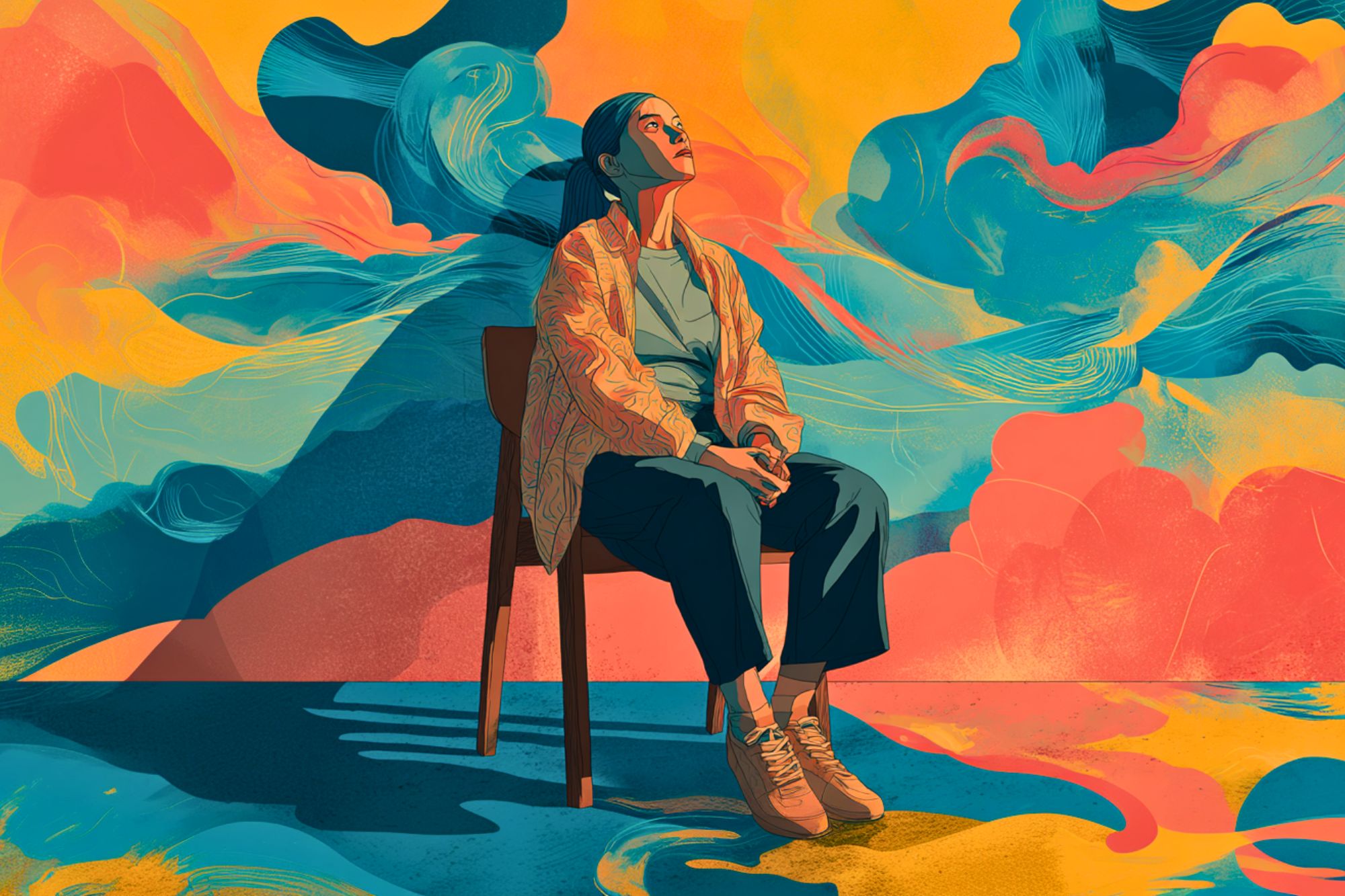 A woman sits on a chair, looking upward thoughtfully. She is surrounded by vibrant, swirling abstract colors of blue, yellow, and pink, creating a dreamy, imaginative background.