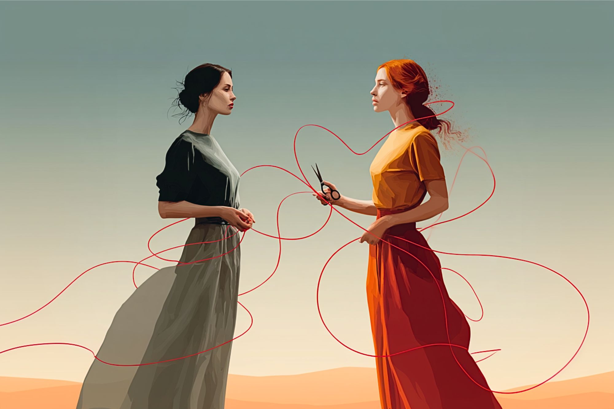 Two women stand facing each other in a desert. One holds scissors and a red thread that winds around both of them, connecting them in an intricate pattern. The scene is calm and surreal, with soft light and muted colors.