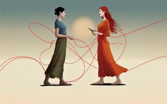 Two women stand facing each other, connected by red threads wrapped around their bodies. One holds scissors, poised to cut the thread. The background is a soft gradient with a muted sun.