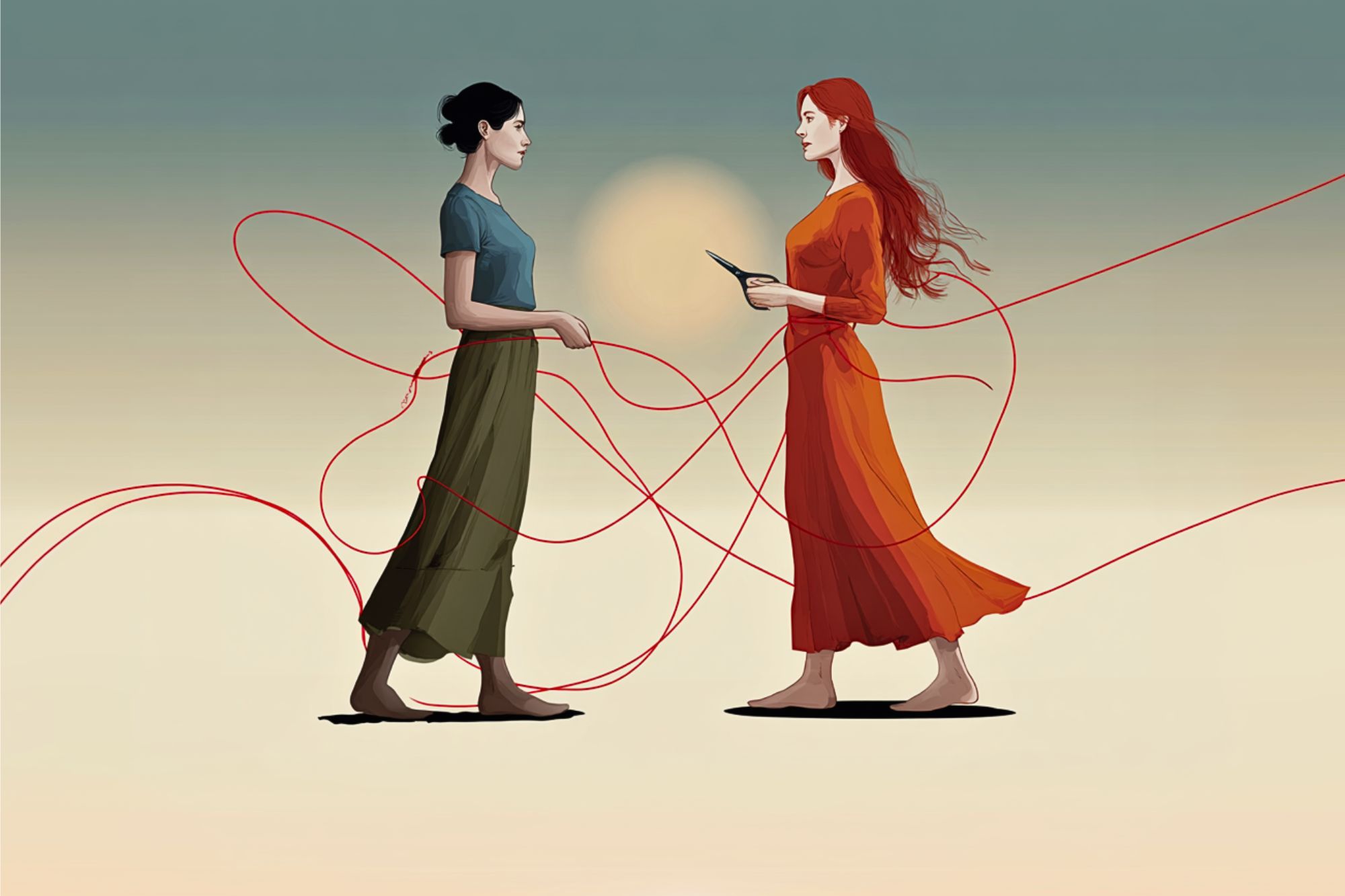 Two women stand facing each other, connected by red threads wrapped around their bodies. One holds scissors, poised to cut the thread. The background is a soft gradient with a muted sun.