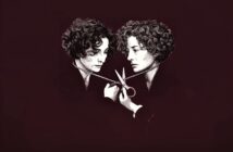 A surreal illustration of two identical people facing each other. One is holding scissors, about to cut a string that connects both of their necks. Both have curly hair, serious expressions, and are dressed in dark clothing against a dark background.