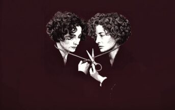 A surreal illustration of two identical people facing each other. One is holding scissors, about to cut a string that connects both of their necks. Both have curly hair, serious expressions, and are dressed in dark clothing against a dark background.