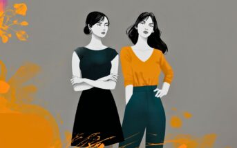 Illustration of two women standing side by side against a gray background with orange abstract shapes; one wears a black dress with arms crossed, and the other wears an orange top and teal pants, both with neutral expressions.