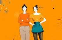 Illustration of two women with serious expressions standing against an orange background. One wears an orange sweater and beige pants with arms crossed; the other wears an orange top and teal skirt with hands on hips.