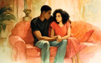 A young couple sits closely on a red couch, holding hands and looking into each other's eyes with serious expressions in a warmly lit room.