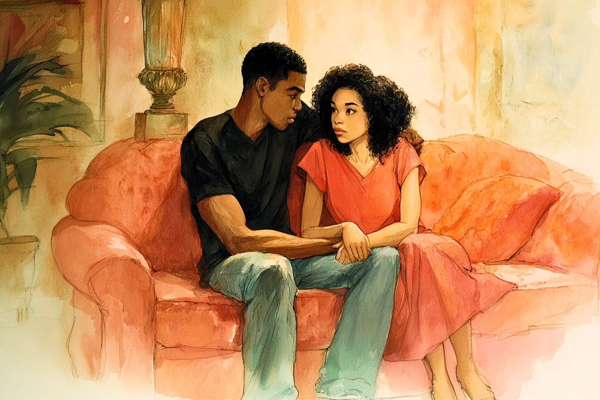 A young couple sits closely on a red couch, holding hands and looking into each other's eyes with serious expressions in a warmly lit room.