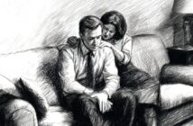 A black and white sketch shows a man sitting on a couch looking sad, with his head down, as a woman sits beside him, gently comforting him with her hands on his shoulders.