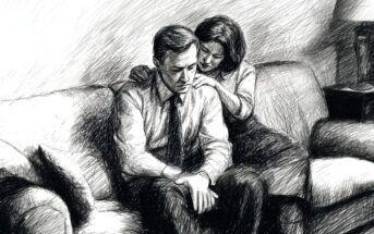 A black and white sketch shows a man sitting on a couch looking sad, with his head down, as a woman sits beside him, gently comforting him with her hands on his shoulders.