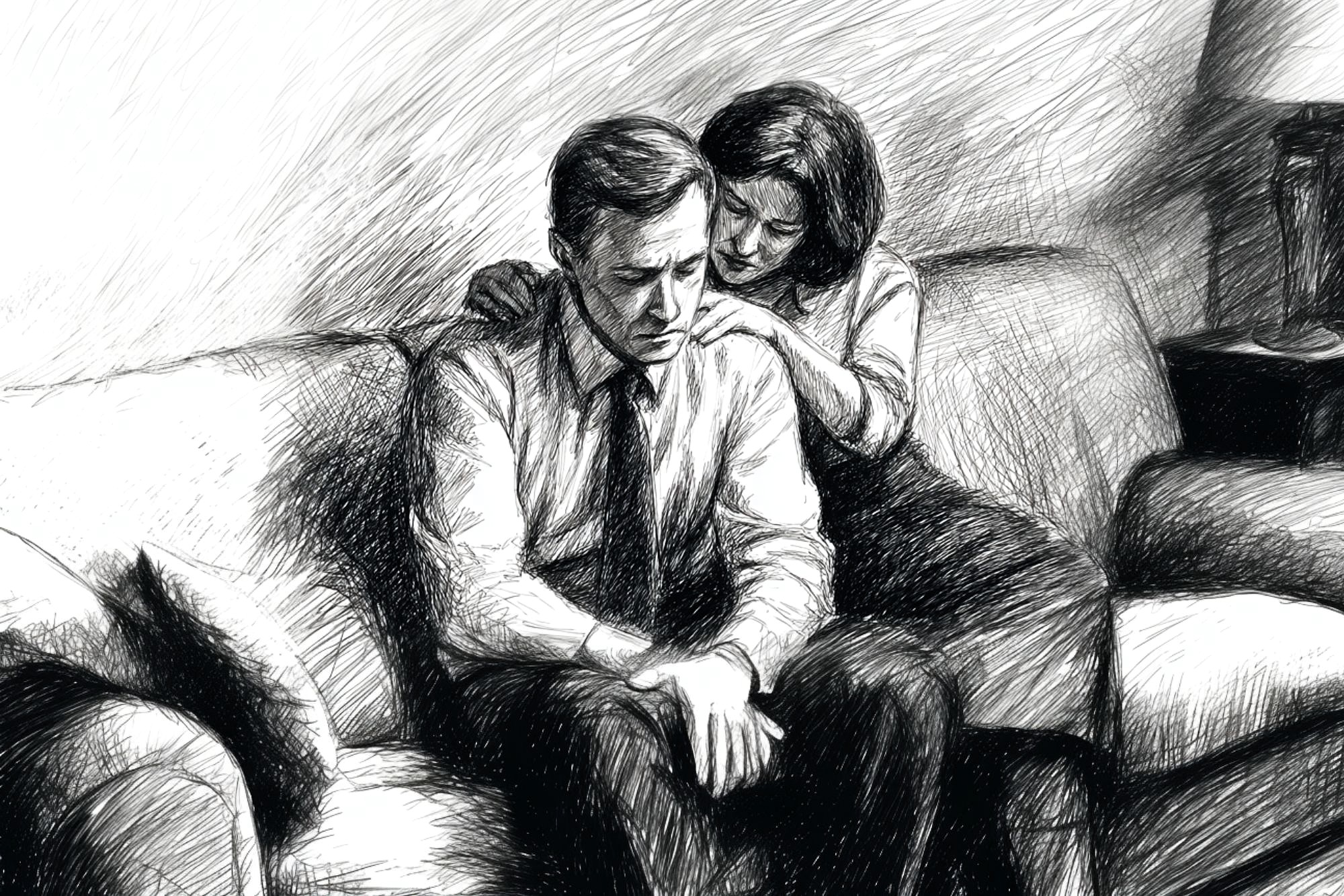 A black and white sketch shows a man sitting on a couch looking sad, with his head down, as a woman sits beside him, gently comforting him with her hands on his shoulders.