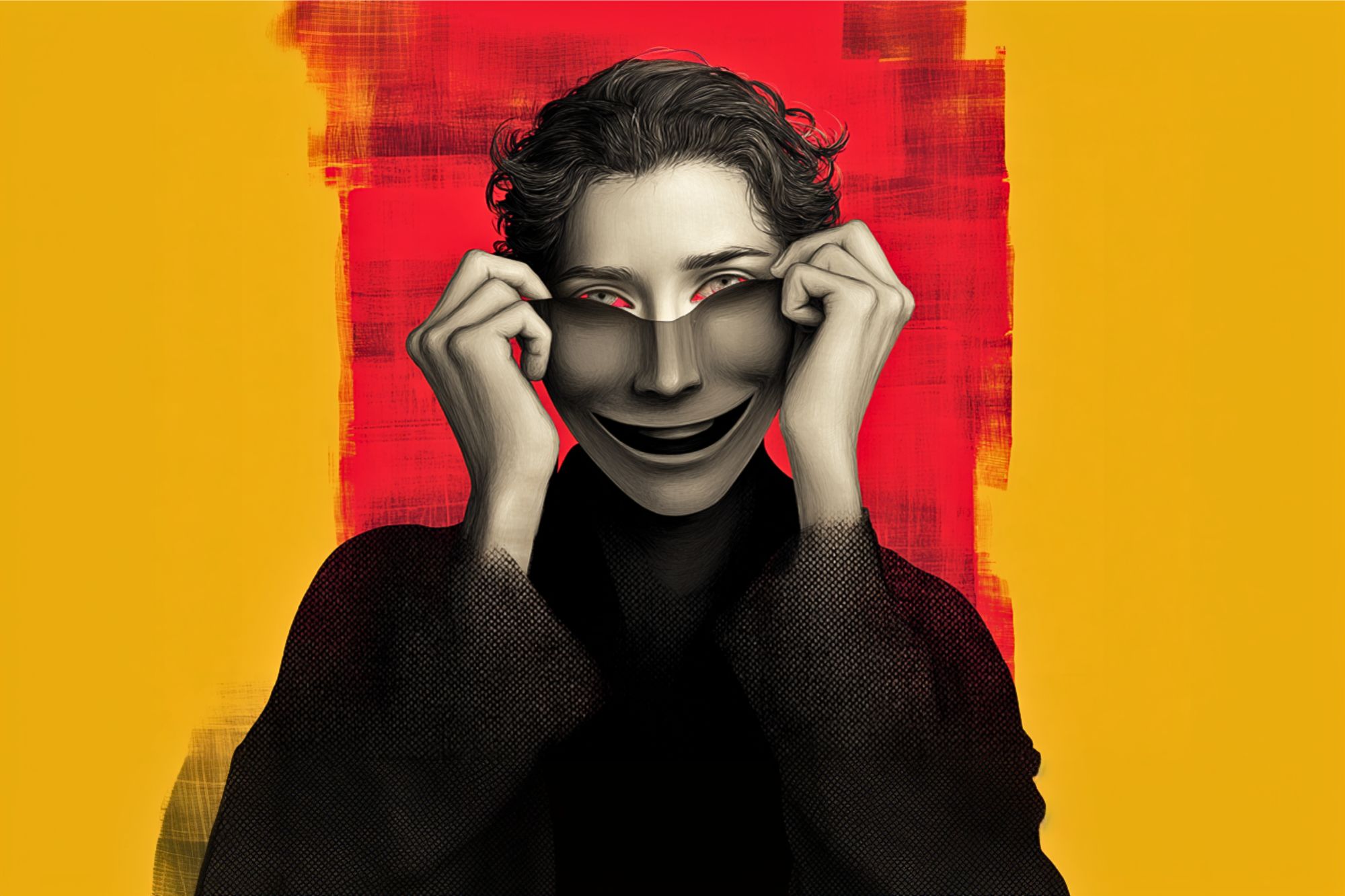 A person in black clothing pulls a smiling mask over their face, revealing only their eyes. The background is a mix of red and yellow with bold, textured brushstrokes. The image has a surreal, dramatic tone.