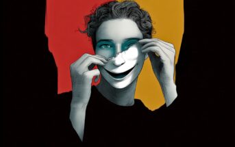 A person with teal eyes removes a white smiling mask from their face, revealing a neutral expression. The background is split between red and yellow, contrasting with the black and white portrait.