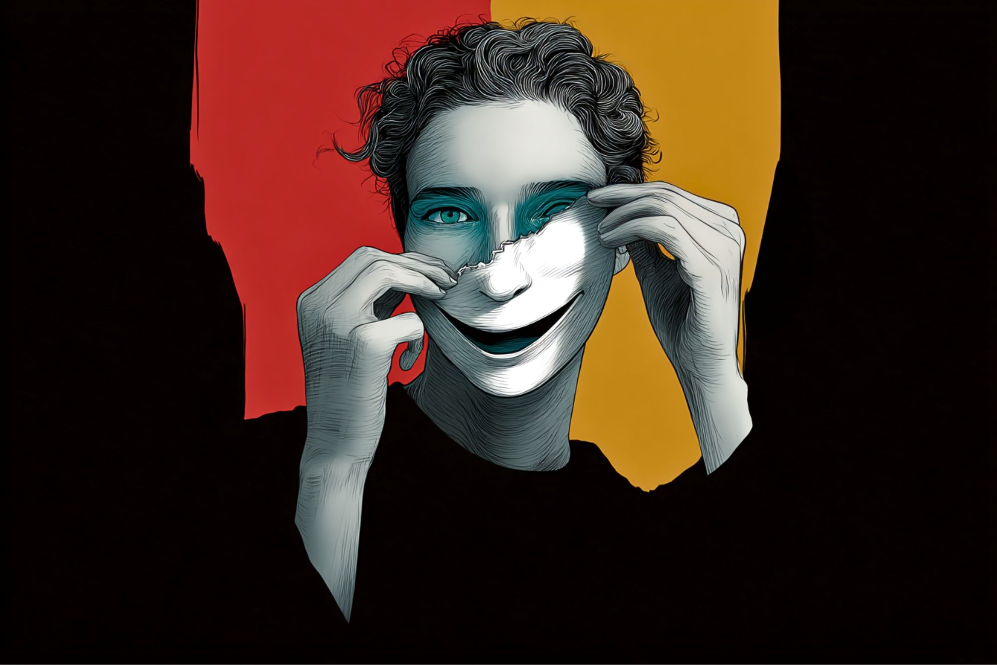 A person with teal eyes removes a white smiling mask from their face, revealing a neutral expression. The background is split between red and yellow, contrasting with the black and white portrait.