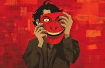 An illustrated person in dark clothing holds a red, exaggeratedly smiling mask over their face against a textured red background, with one eye peeking through the mask, creating a mysterious and unsettling atmosphere.