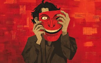An illustrated person in dark clothing holds a red, exaggeratedly smiling mask over their face against a textured red background, with one eye peeking through the mask, creating a mysterious and unsettling atmosphere.