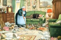 An elderly woman in an apron sweeps a messy living room filled with trash, pizza boxes, and bottles, while a man sleeps on the couch surrounded by clutter.