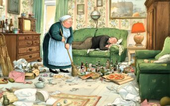 An elderly woman in an apron sweeps a messy living room filled with trash, pizza boxes, and bottles, while a man sleeps on the couch surrounded by clutter.
