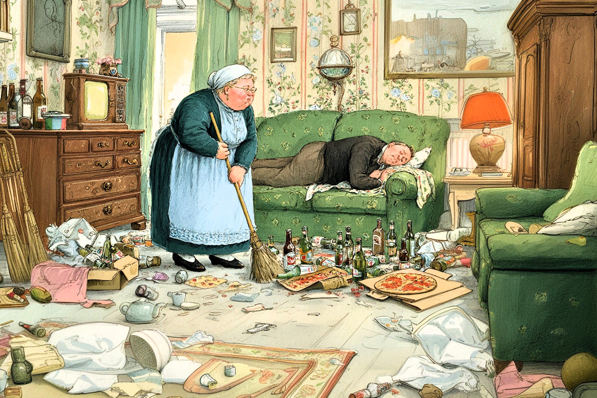 An elderly woman in an apron sweeps a messy living room filled with trash, pizza boxes, and bottles, while a man sleeps on the couch surrounded by clutter.
