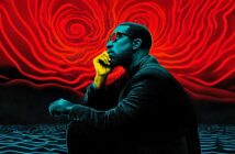 A man in sunglasses sits thoughtfully with his chin on his hand, set against a surreal background of swirling red patterns above a blue, wavy surface.