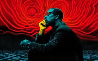 A man in sunglasses sits thoughtfully with his chin on his hand, set against a surreal background of swirling red patterns above a blue, wavy surface.