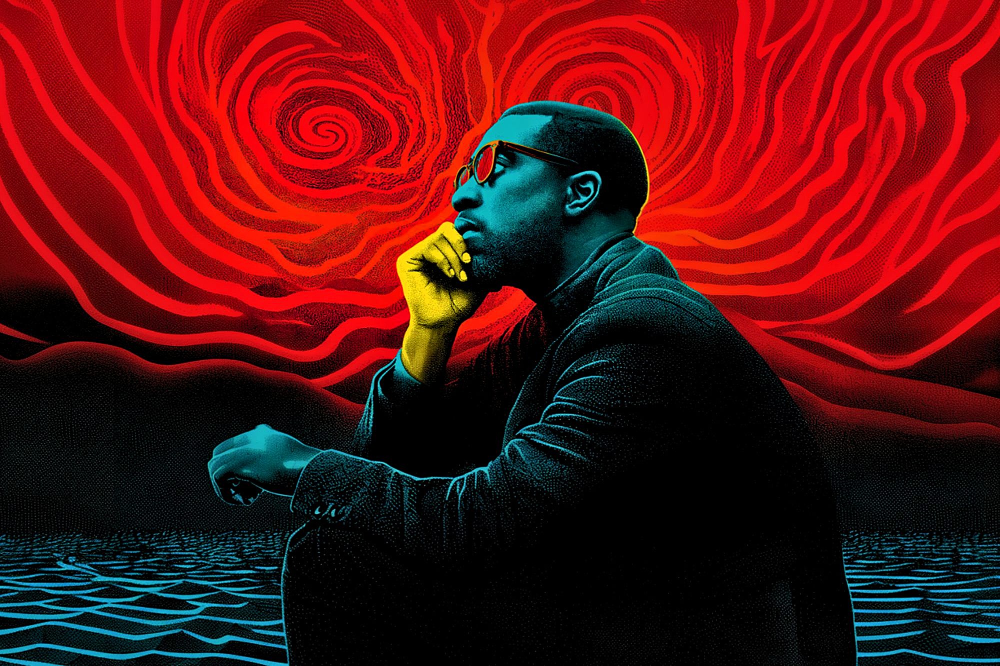 A man in sunglasses sits thoughtfully with his chin on his hand, set against a surreal background of swirling red patterns above a blue, wavy surface.