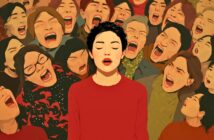 An illustration of a calm woman in a red sweater standing with her eyes closed, surrounded by a crowd of people yelling with open mouths, expressing strong emotions. The background figures appear animated and intense.
