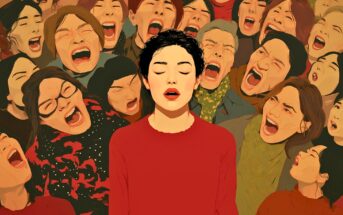 An illustration of a calm woman in a red sweater standing with her eyes closed, surrounded by a crowd of people yelling with open mouths, expressing strong emotions. The background figures appear animated and intense.