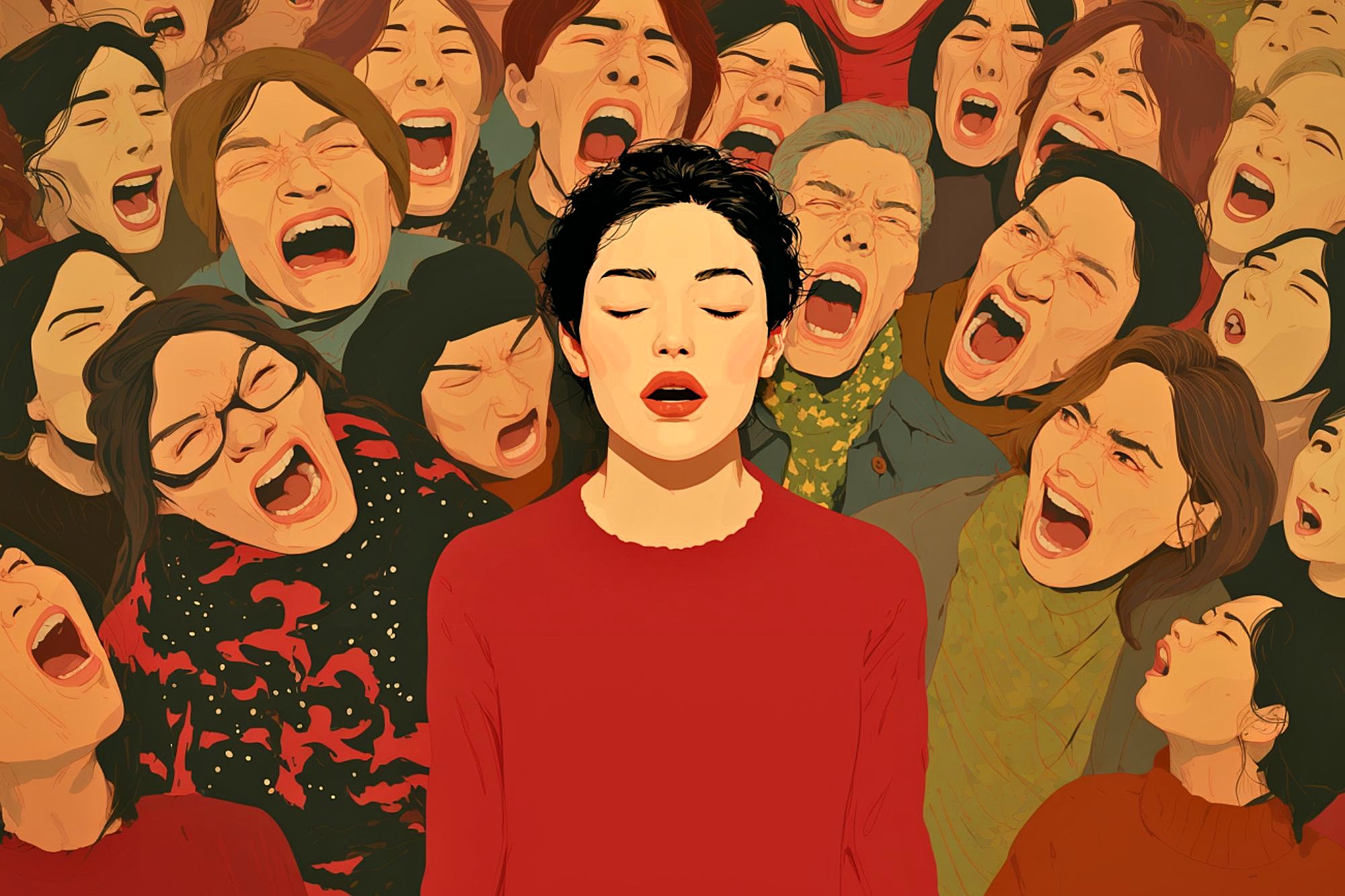 An illustration of a calm woman in a red sweater standing with her eyes closed, surrounded by a crowd of people yelling with open mouths, expressing strong emotions. The background figures appear animated and intense.