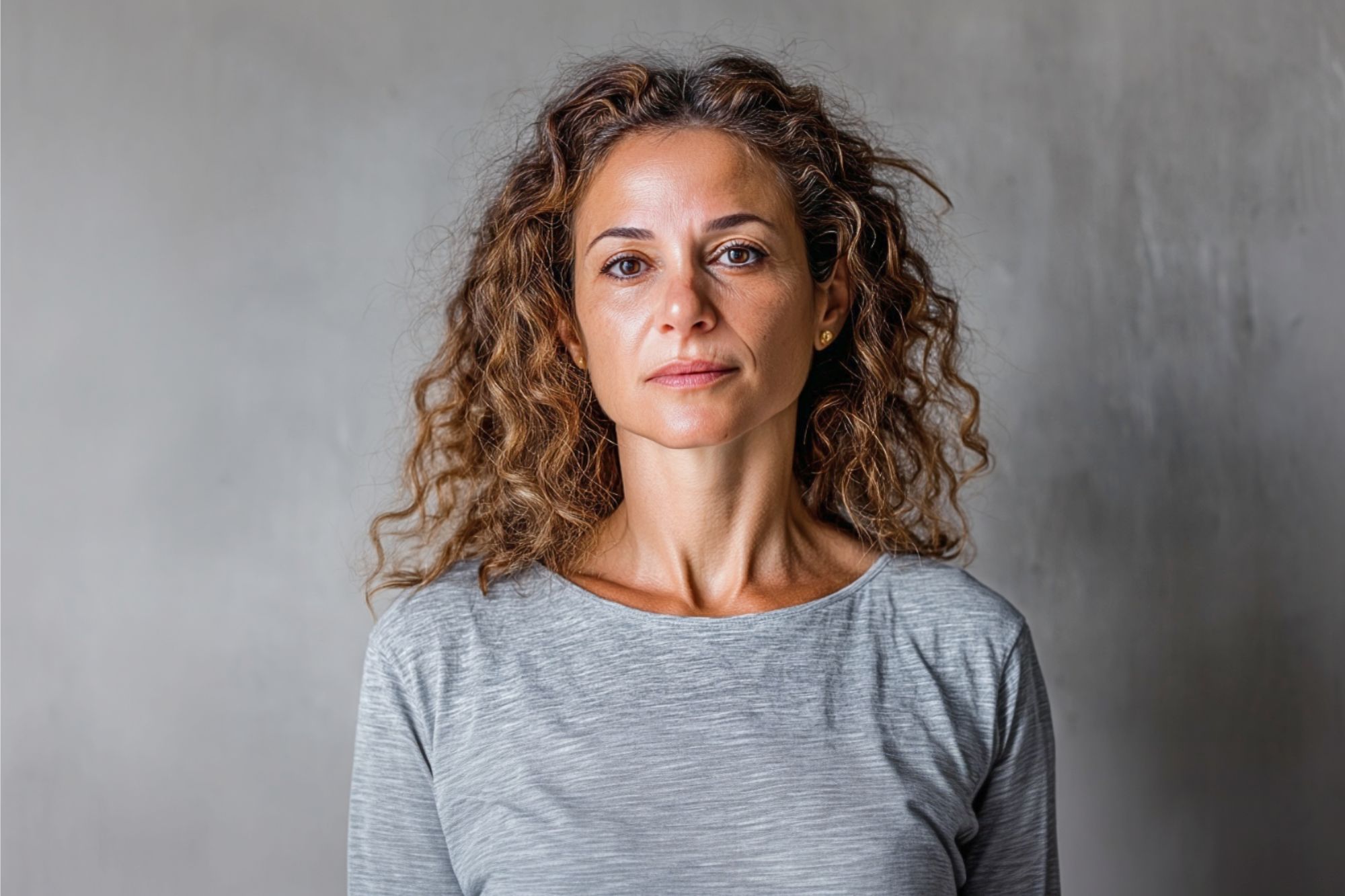 A woman with curly brown hair wearing a light gray long-sleeve shirt stands against a plain gray background, looking directly at the camera with a neutral expression.