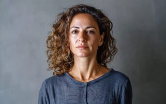 A woman with curly brown hair and a serious expression wears a gray shirt and stands against a plain gray background.