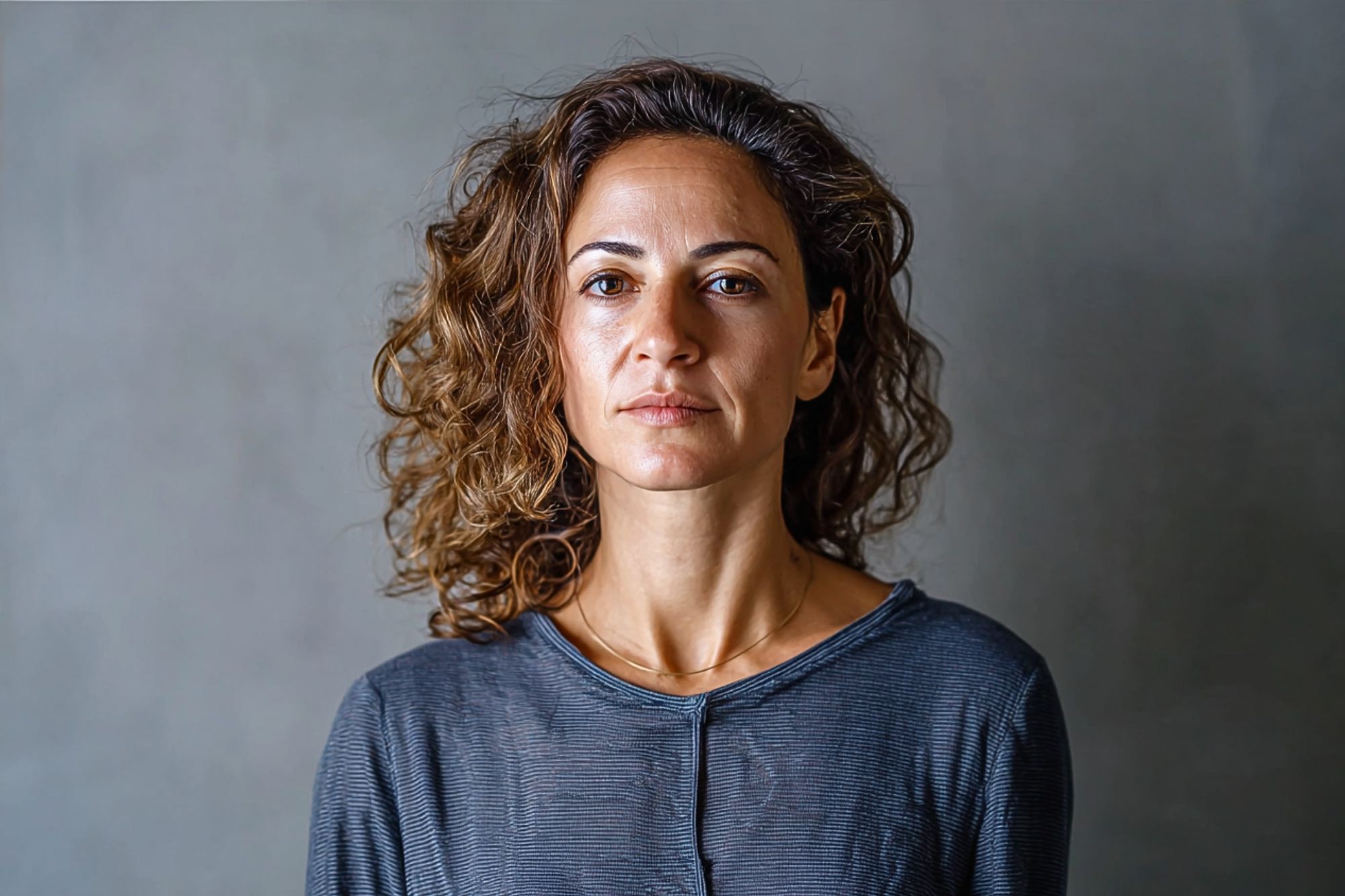 A woman with curly brown hair and a serious expression wears a gray shirt and stands against a plain gray background.