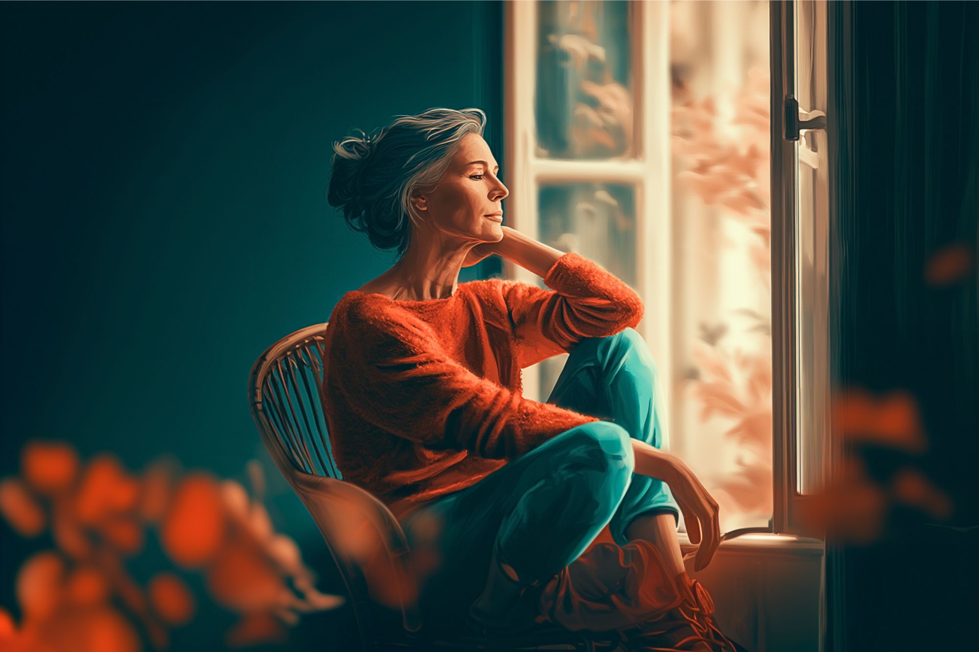 A woman with gray hair sits in a chair by an open window, eyes closed and resting her head on her hand, bathed in soft, warm light with orange autumn leaves outside.