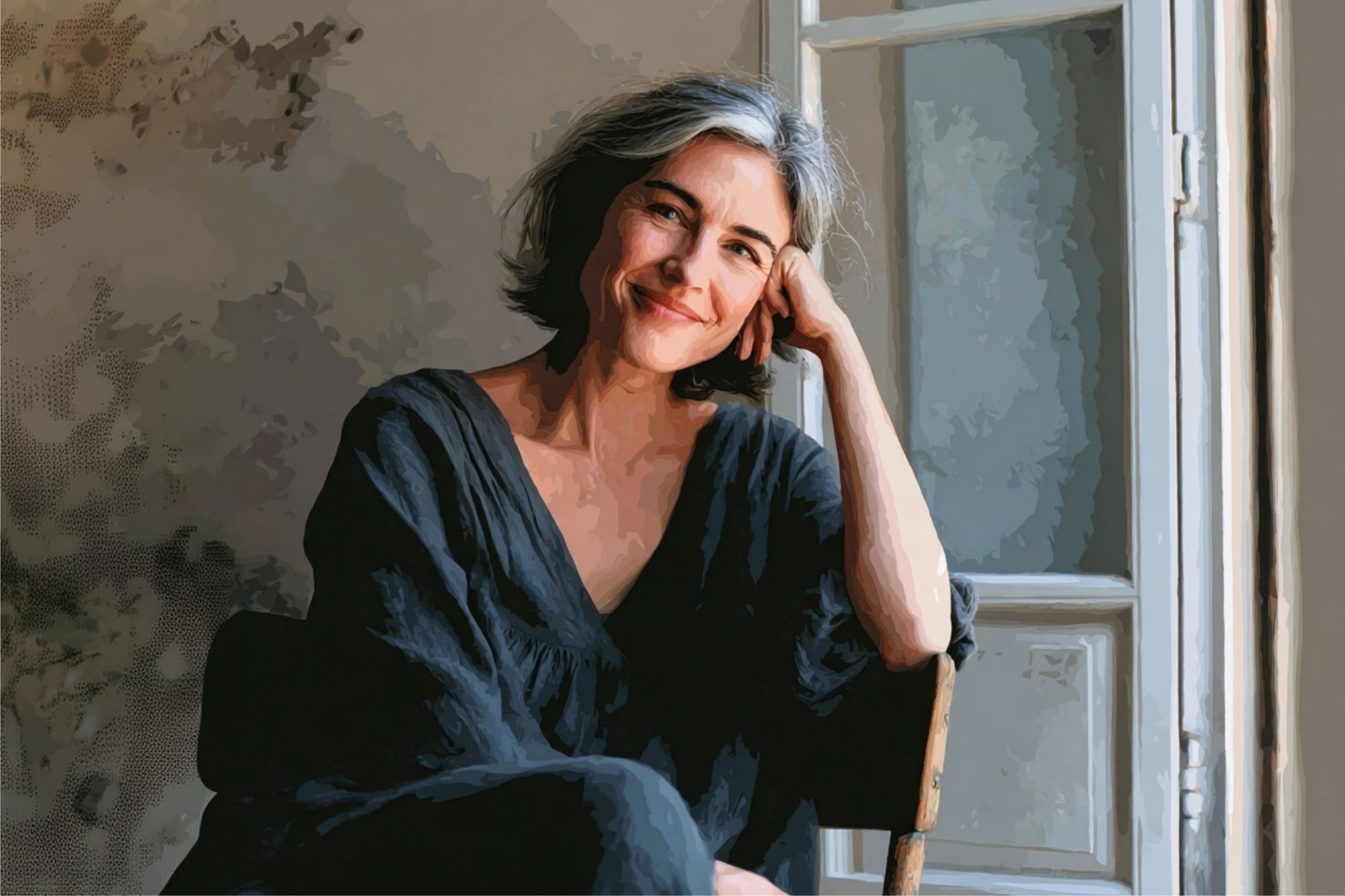 A woman with short gray hair and a black outfit sits by a window, smiling gently with her head resting on her hand. The lighting is soft and the scene has a painterly effect.