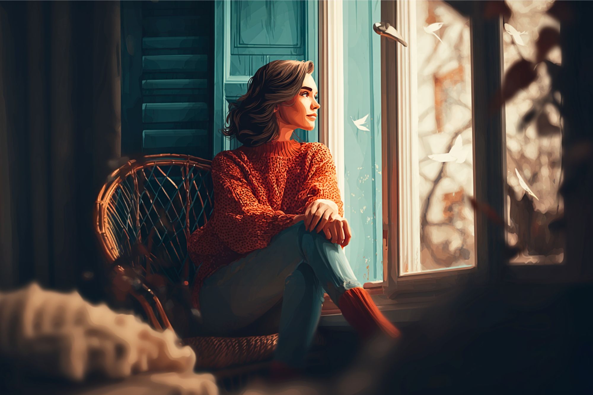 A woman in a red sweater sits in a wicker chair by a window, gazing outside. Soft light streams in, and white paper birds appear to be flying past, creating a dreamy, tranquil atmosphere.