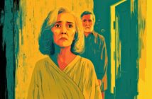 An illustration of an older woman with gray hair and a sad expression standing in front of an older man. Both are in a dimly lit room with yellow and teal tones, and an open door is visible behind them.