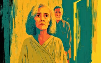 An illustration of an older woman with gray hair and a sad expression standing in front of an older man. Both are in a dimly lit room with yellow and teal tones, and an open door is visible behind them.