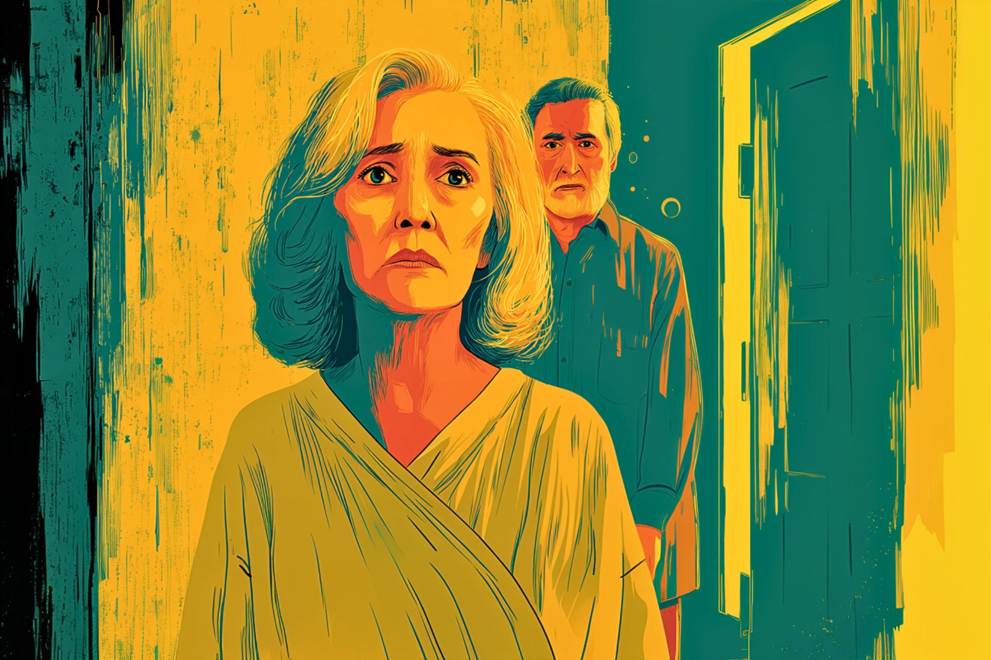 An illustration of an older woman with gray hair and a sad expression standing in front of an older man. Both are in a dimly lit room with yellow and teal tones, and an open door is visible behind them.