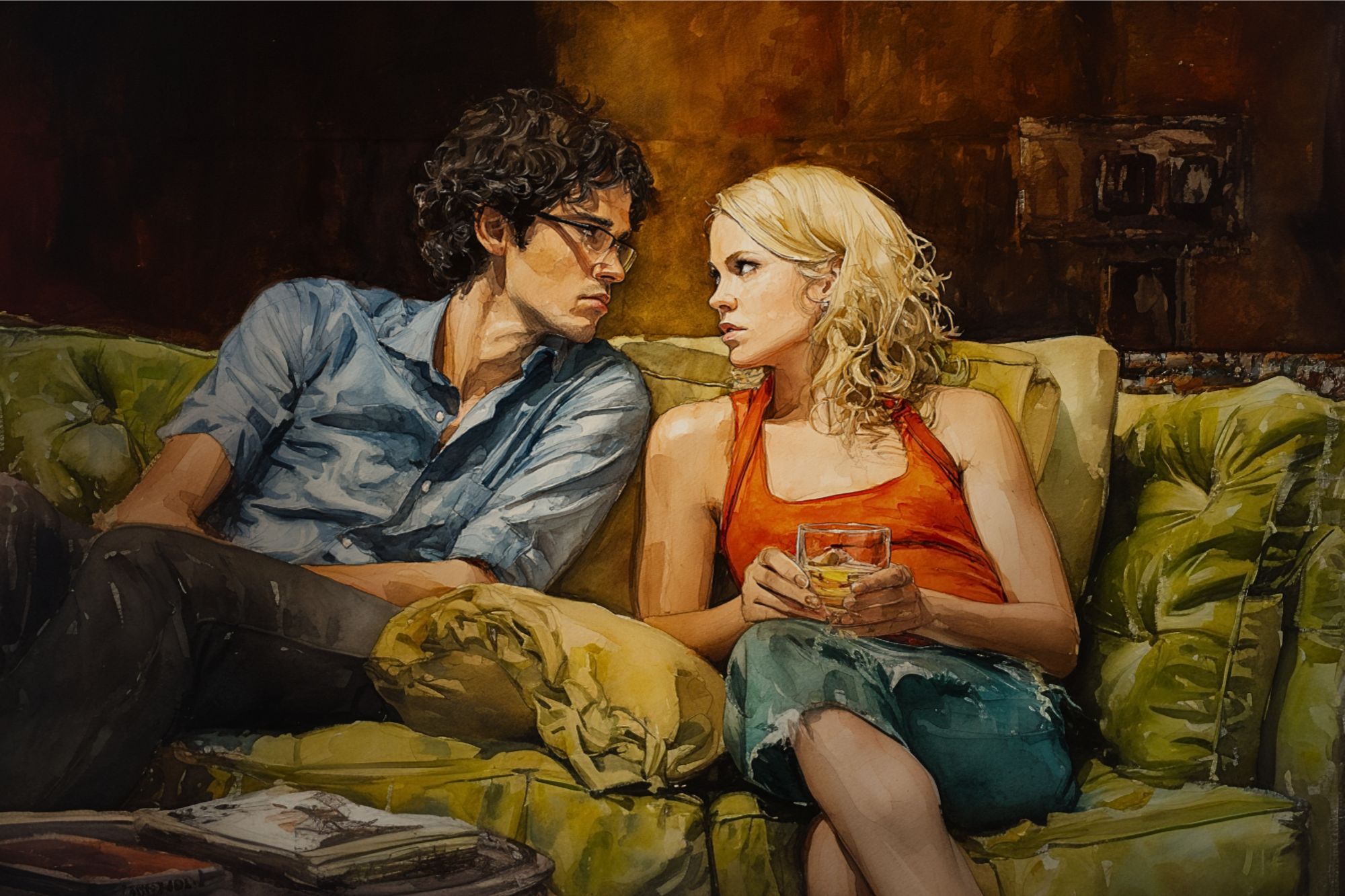 A man and woman sit close together on a green couch, gazing at each other intently. The woman holds a glass, and both appear engaged in a serious conversation in a warmly lit room.