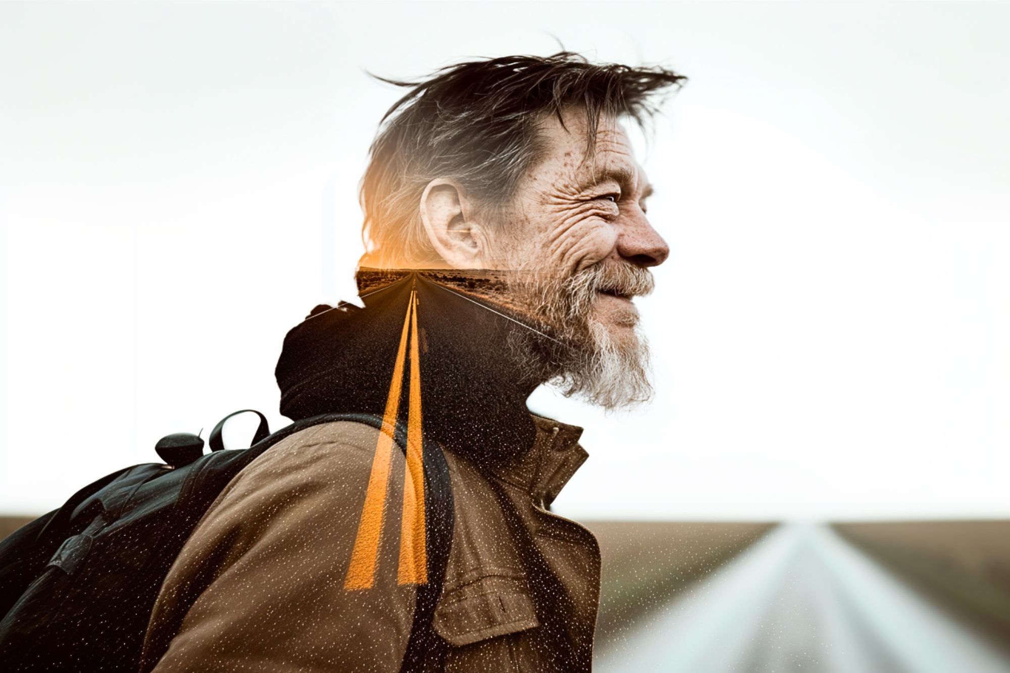 A bearded man with a backpack smiles in profile outdoors; a graphic of a road leads into the horizon, blended into his upper body and background, symbolizing a journey or adventure.