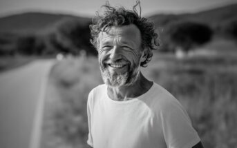 A smiling older man with a beard stands by a rural road, wearing a plain white t-shirt. The background is blurred, showing trees and hills on a sunny day. The photo is in black and white.