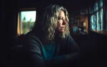 A woman with curly blonde hair sits indoors, gazing pensively out a window with soft natural light illuminating her face, creating a contemplative mood in a dimly lit room.
