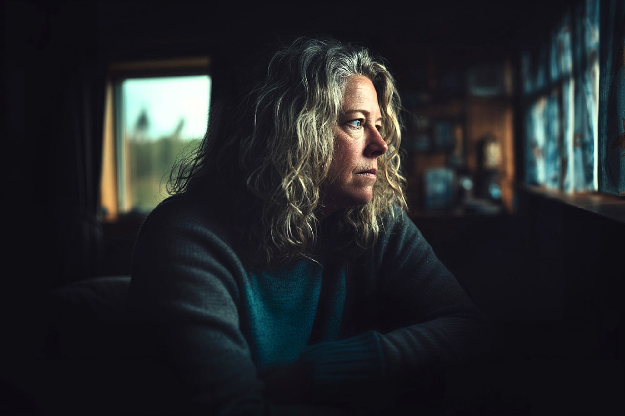 A woman with curly blonde hair sits indoors, gazing pensively out a window with soft natural light illuminating her face, creating a contemplative mood in a dimly lit room.