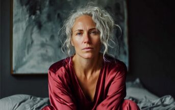 A woman with wavy gray hair wears a deep red satin robe, sitting on a bed. She looks directly at the camera with a calm, neutral expression. A dark, blurred painting hangs on the wall behind her.