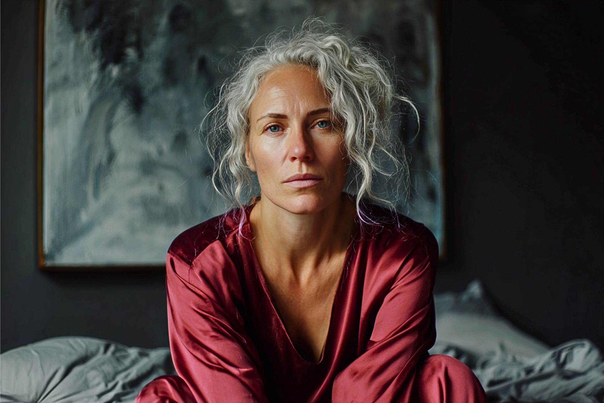 A woman with wavy gray hair wears a deep red satin robe, sitting on a bed. She looks directly at the camera with a calm, neutral expression. A dark, blurred painting hangs on the wall behind her.